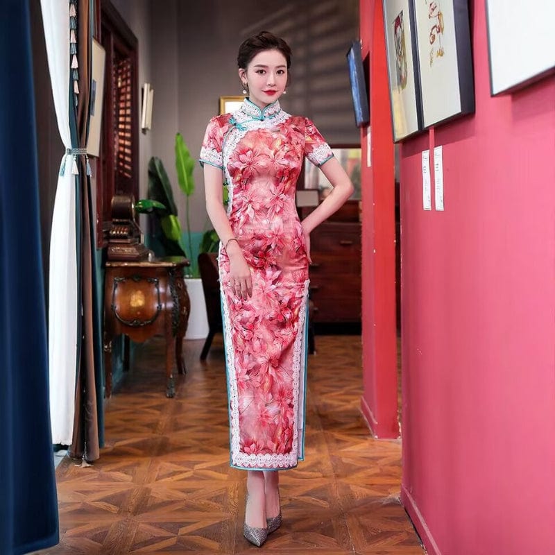 19 mome mulberry silk, floral pattern, high-end red-pink long Cheongsam