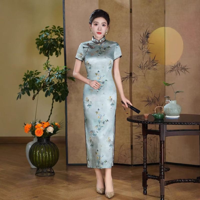 Old Shanghai style, 19 mome mulberry silk, high-end light blue long Cheongsam