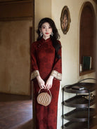 Floral pattern, cotton red long Cheongsam