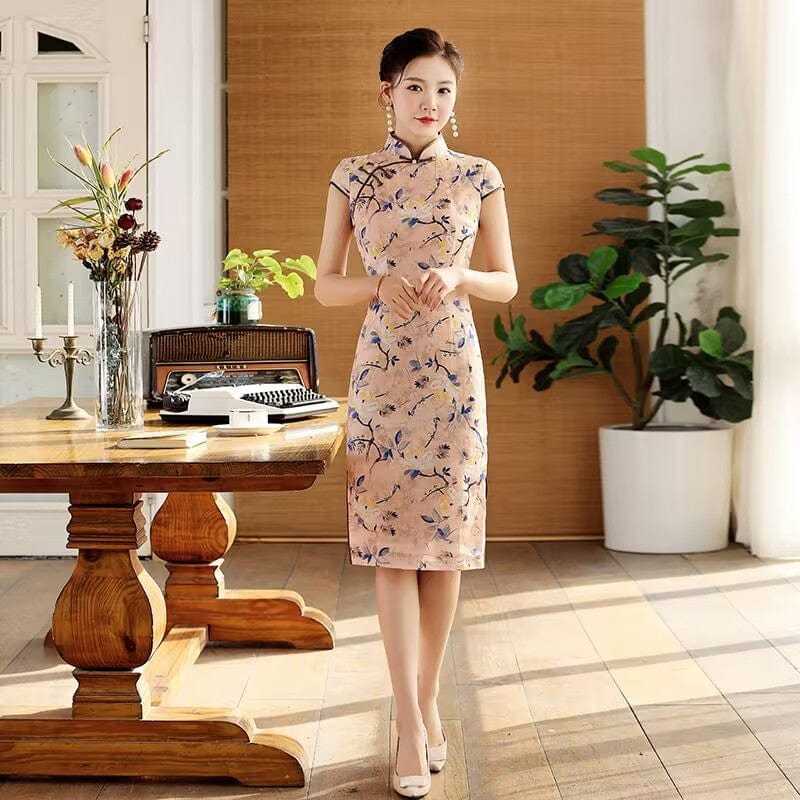 Floral pattern, cotton pink mid-length Cheongsam