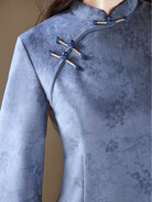 Winter collection, floral pattern, suede fabric, pink&blue midi Cheongsam