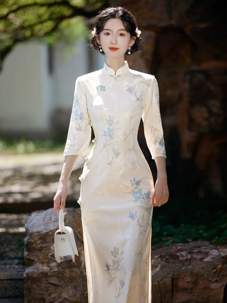 Floral pattern, beige midi Cheongsam with three quarter sleeves