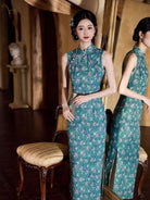 Butterfly pattern, blue midi Cheongsam