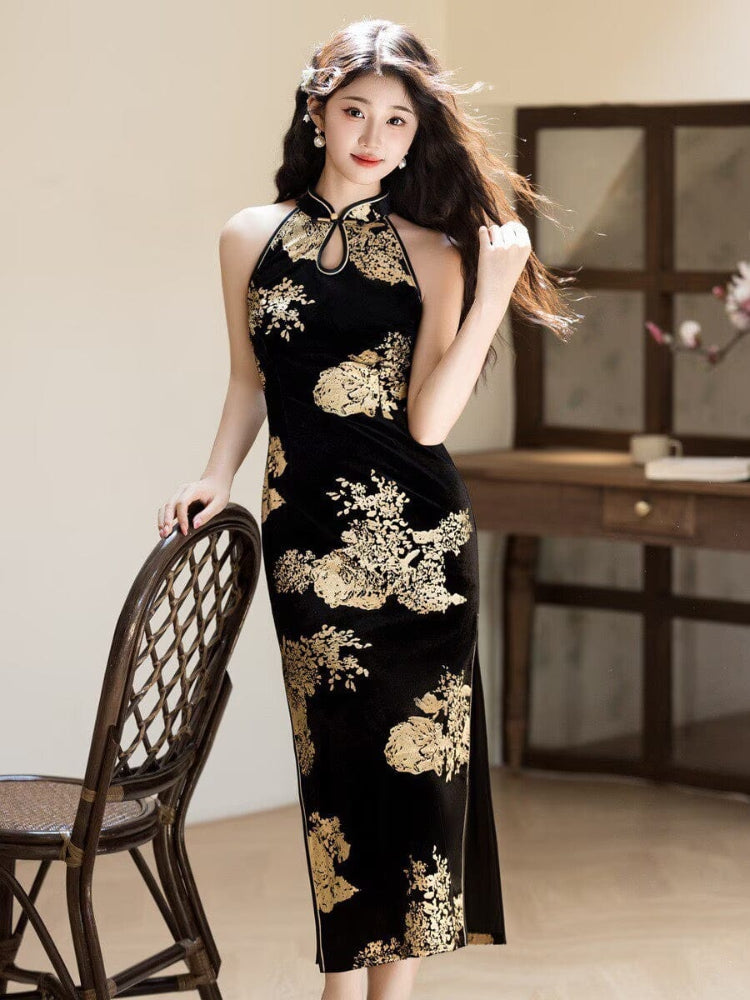 Gold and black halter midi Cheongsam