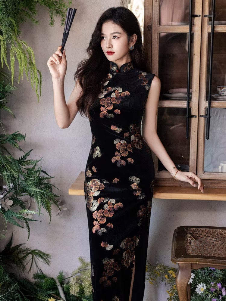 Ginkgo Leaf Pattern, Sleeveless long Cheongsam