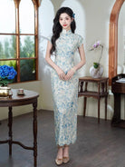 Floral pattern, cotton pink&light blue long Cheongsam with raglan-sleeve