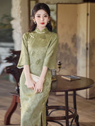 Old Shanghai style, floral pattern, green midi Cheongsam