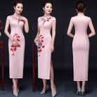 Floral embroidery, pink&green silk long Cheongsam with cap sleeves