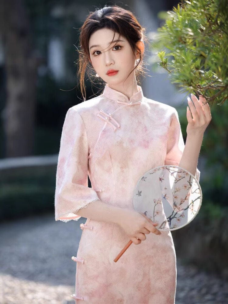 Fall and winter collection, floral pattern, daily pink midi Cheongsam