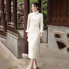 Winter collection, butterfly pattern long Qipao with Fur-Trimmed Sleeves