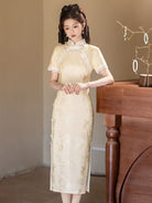 Floral pattern, light yellow & light blue midi Cheongsam