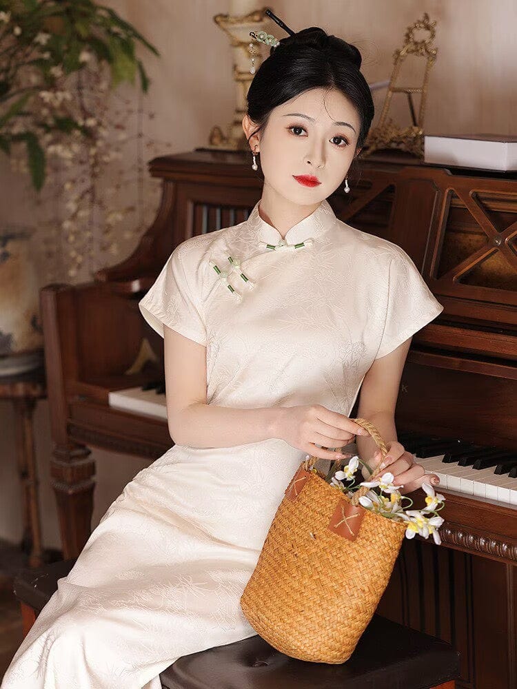 Bamboo leaf pattern, brocade jacquard midi Cheongsam