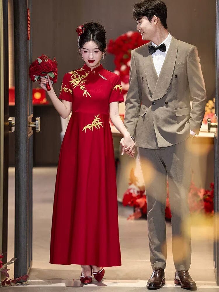 Gold bamboo leaf pattern, A-line long Cheongsam Dress