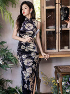 Old Shanghai style, sleeveless black long Cheongsam