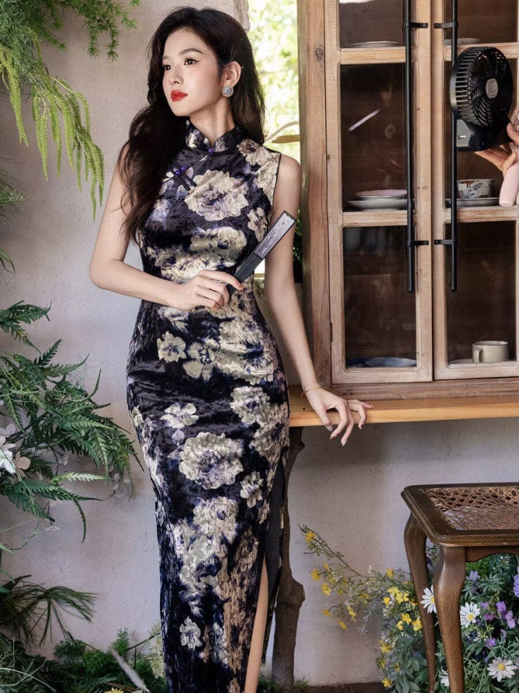 Old Shanghai style, sleeveless black long Cheongsam