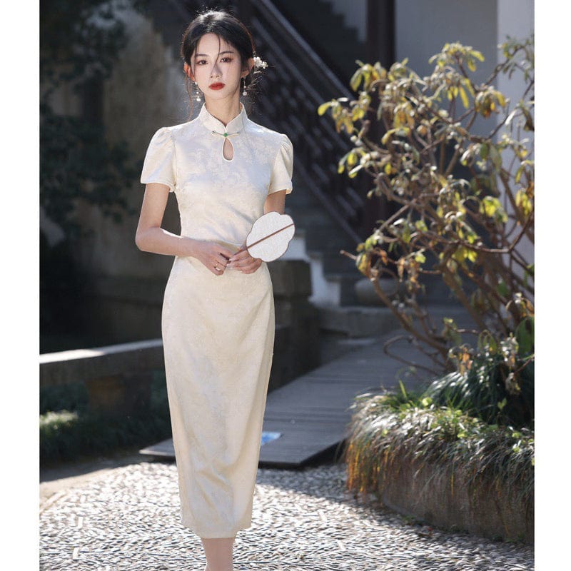 Floral pattern, jacquard fabric, midi Cheongsam with short sleeves