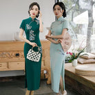 Floral embroidery, acetate green long Cheongsam