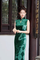 Sleeveless, water-drop collar, velvet long Cheongsam