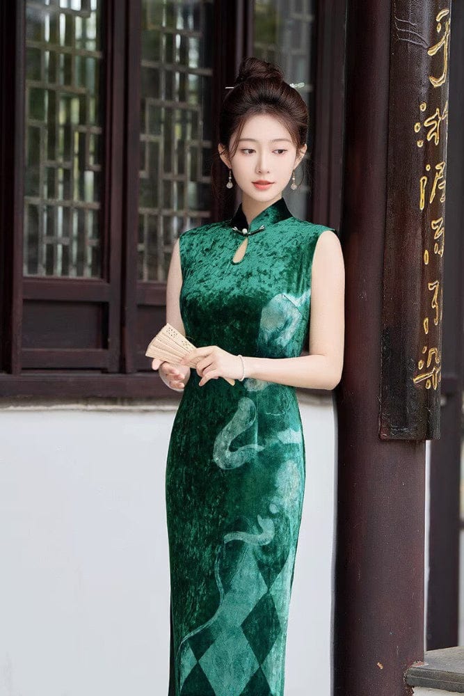 Sleeveless, water-drop collar, velvet long Cheongsam