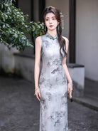 Chinese ink painting pattern, grey midi Cheongsam