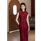 Flocking fabric, floral pattern long Cheongsam