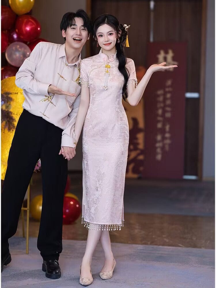 Floral pattern, jacquard fabric, pink midi Cheongsam