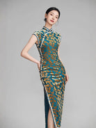 Ginkgo leaf pattern, green long Cheongsam