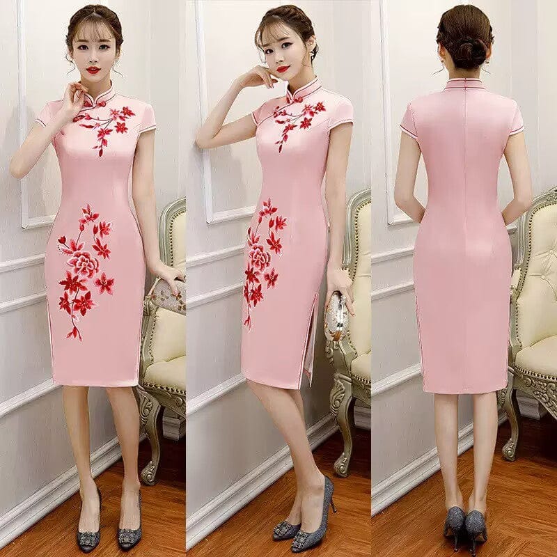 Floral embroidery, silk midi Cheongsam with cap sleeves