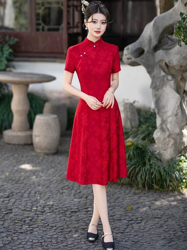 A-line, jacquard plus size midi Cheongsam