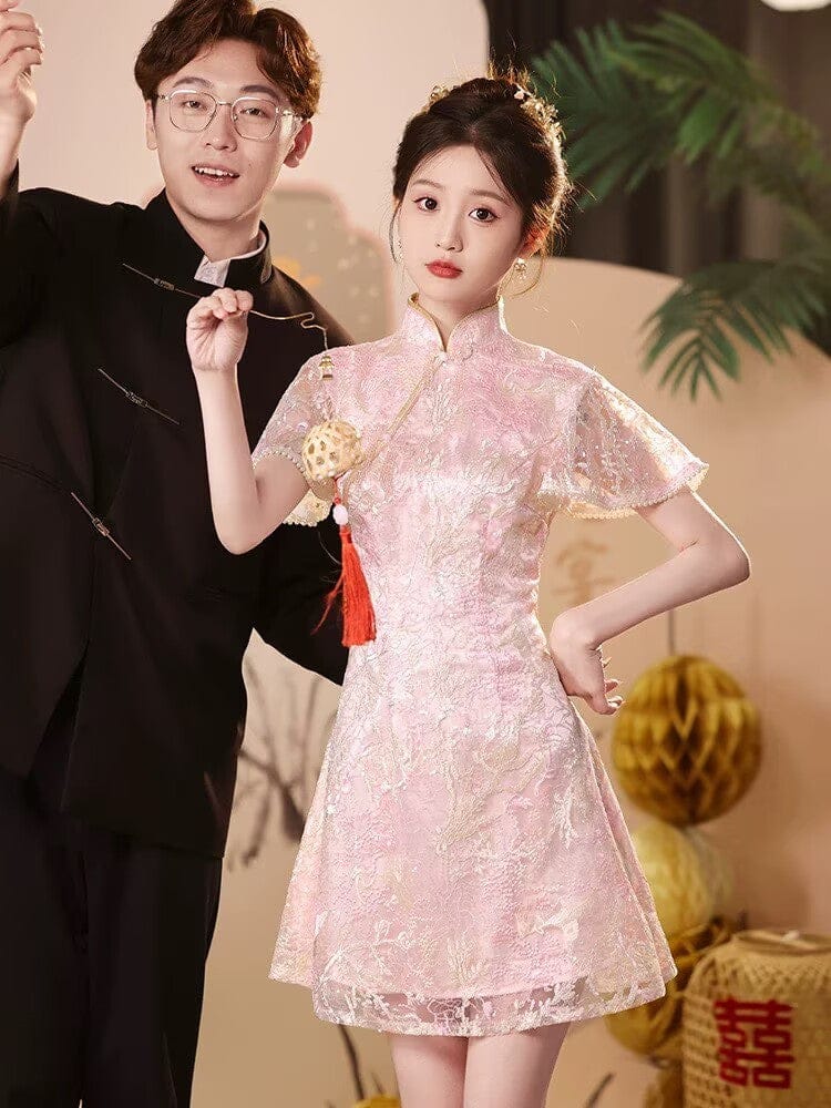 Floral pattern, A-line short Cheongsam Dress