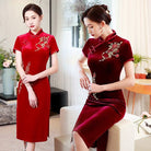 Floral-Patterned Velvet Mid-Length Qipao (Plus Sizes: L to 5XL)