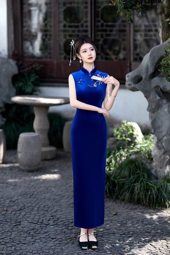 Old Shanghai style, sleeveless velvet long Cheongsam