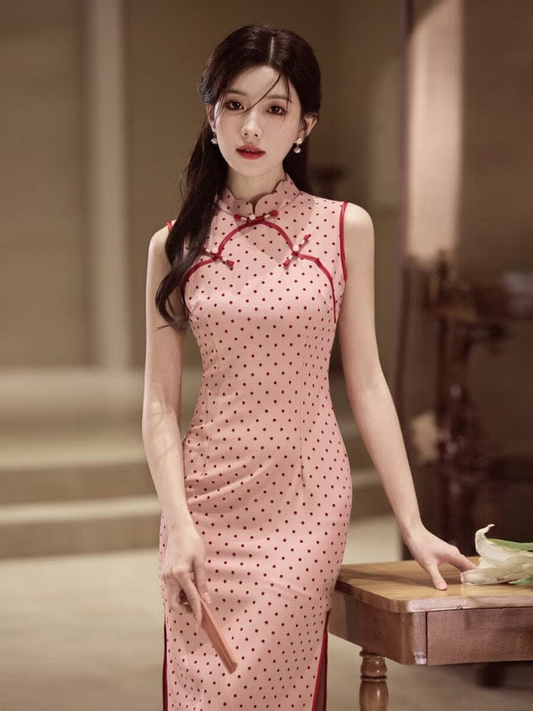 Polkadot pattern, pink midi Cheongsam