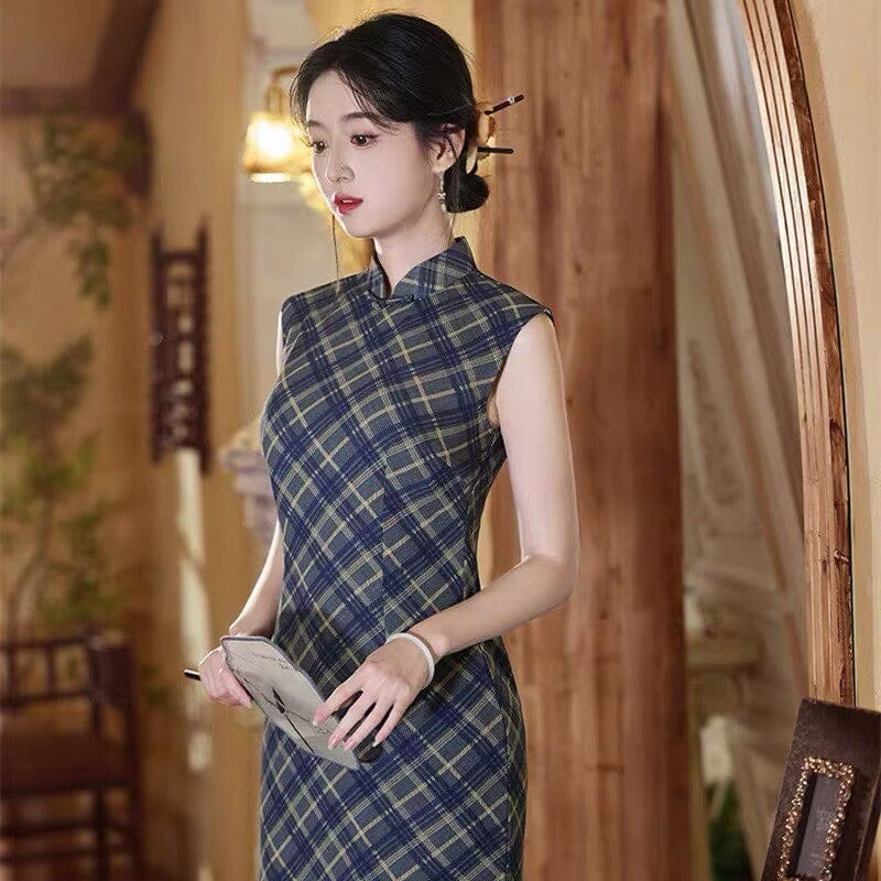 Plaid pattern, blue midi Cheongsam