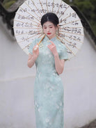 Floral pattern, jacquard fabric, blue midi Cheongsam with short sleeves