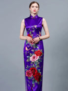 Customizble hand-embroidery, 30 mome mulberry silk, high-end purple long Qipao