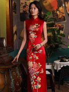 Customizable Floral Hand Embroidery, 30 mome mulberry silk, high-end long Cheongsam