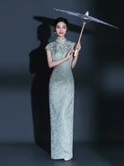 Water-drop collar, floral pattern, green long plus size Cheongsam
