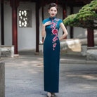 Floral embroidery, plus size, blue long Cheongsam