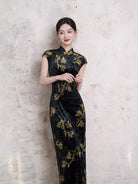 Floral pattern, black midi Cheongsam with raglan sleeves