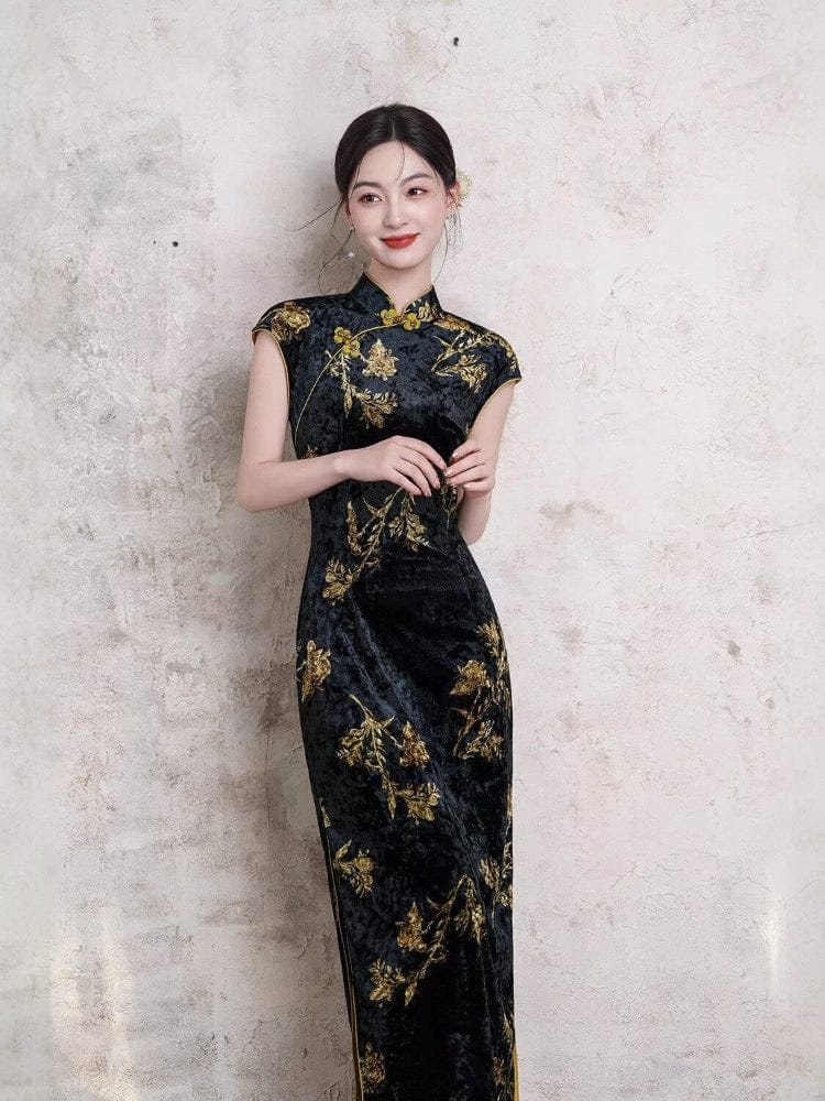 Floral pattern, black midi Cheongsam with raglan sleeves