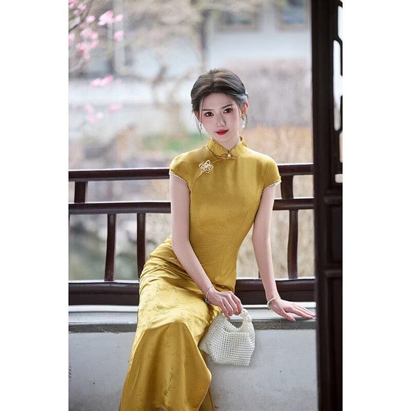 Bamboo leaf pattern, jacquard satin long Cheongsam