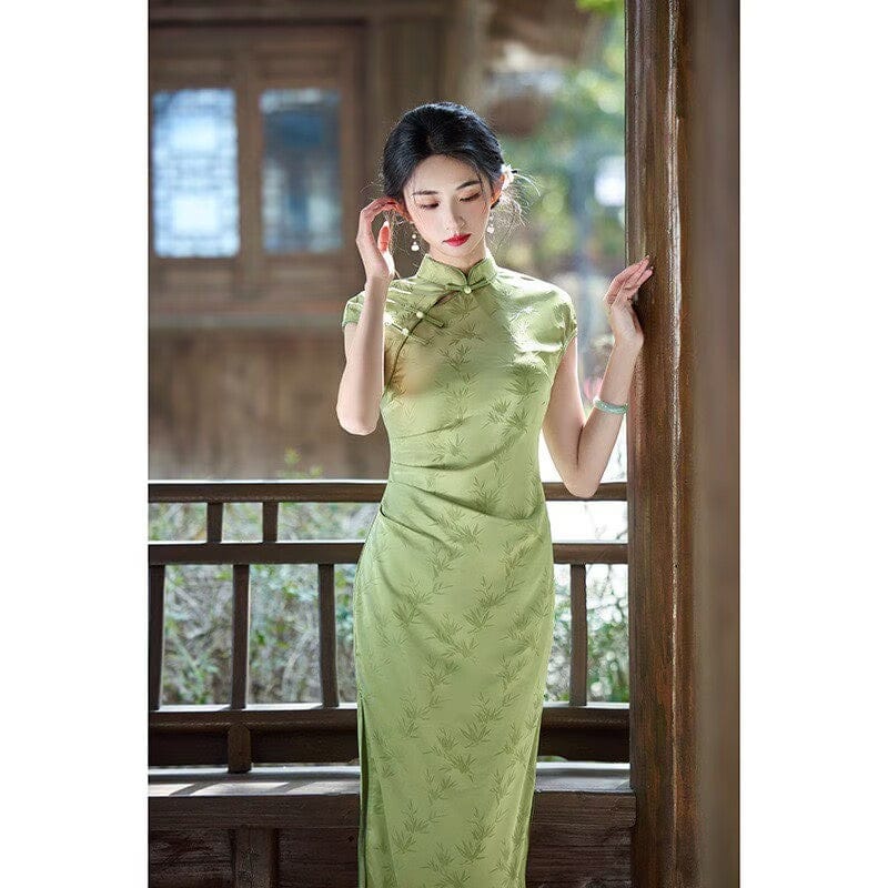 Bamboo leaf pattern, jacquard satin, green midi Cheongsam