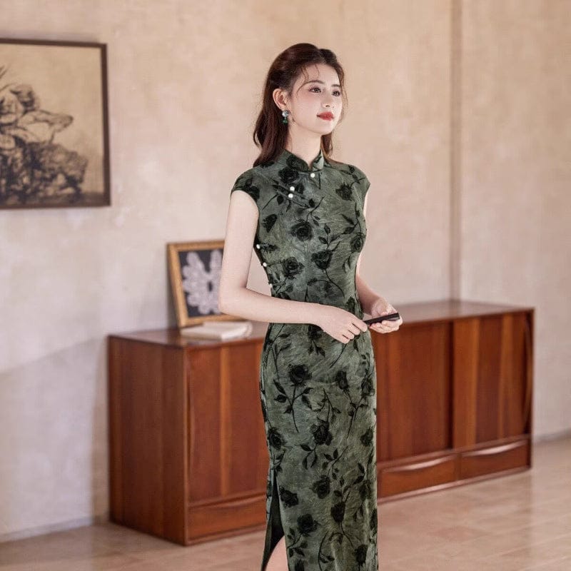 Rose pattern, Tie-dye, dark green long Cheongsam