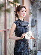 Flocking fabric, floral and butterfly pattern, black midi Cheongsam