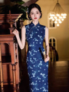 Butterfly pattern, blue midi Cheongsam