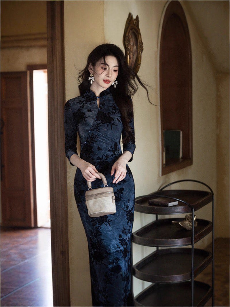 Flocking fabric, floral pattern, blue long Cheongsam
