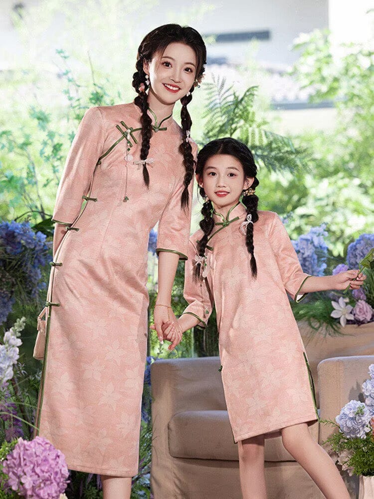 Parent-child Chinese outfit, floral pattern midi Cheongsam