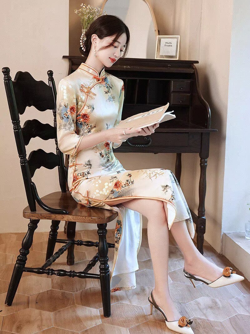 Three quarter sleeves, floral daily long Cheongsam