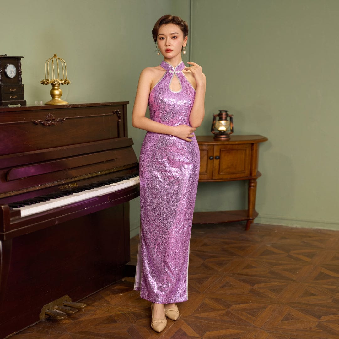 Exclusive designer collection, purple sequins long Qipao